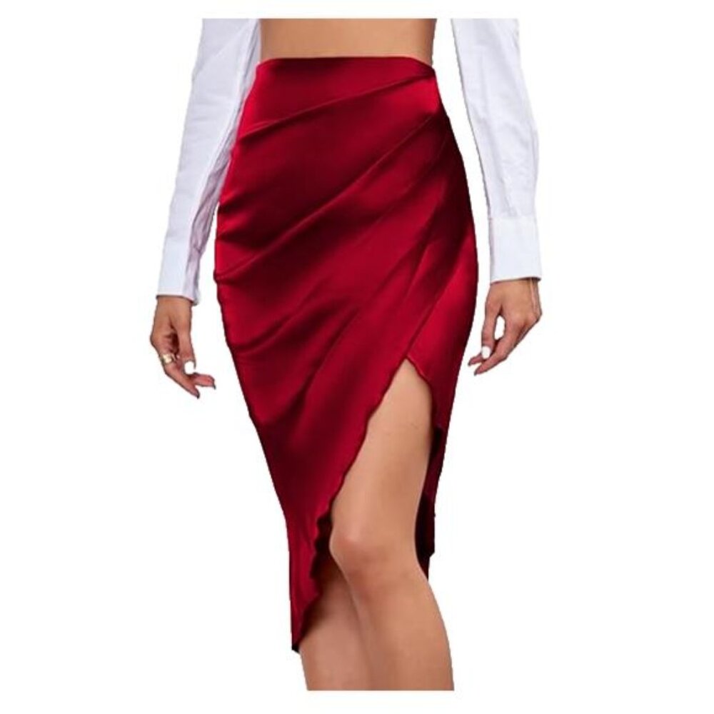 NEW LYANER Women's Satin Skily Hight Waist Skirt Burgundy Small